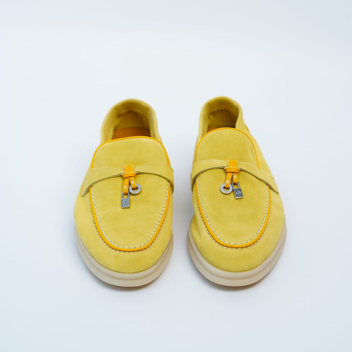Lemon Yellow Suede Penny Loafers with Signature Metal Detail — photo 1 of 10