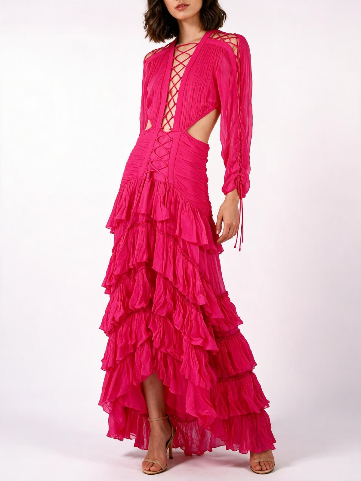 Hot Pink Lace-Up Ruffle Maxi Dress — photo 1 of 3